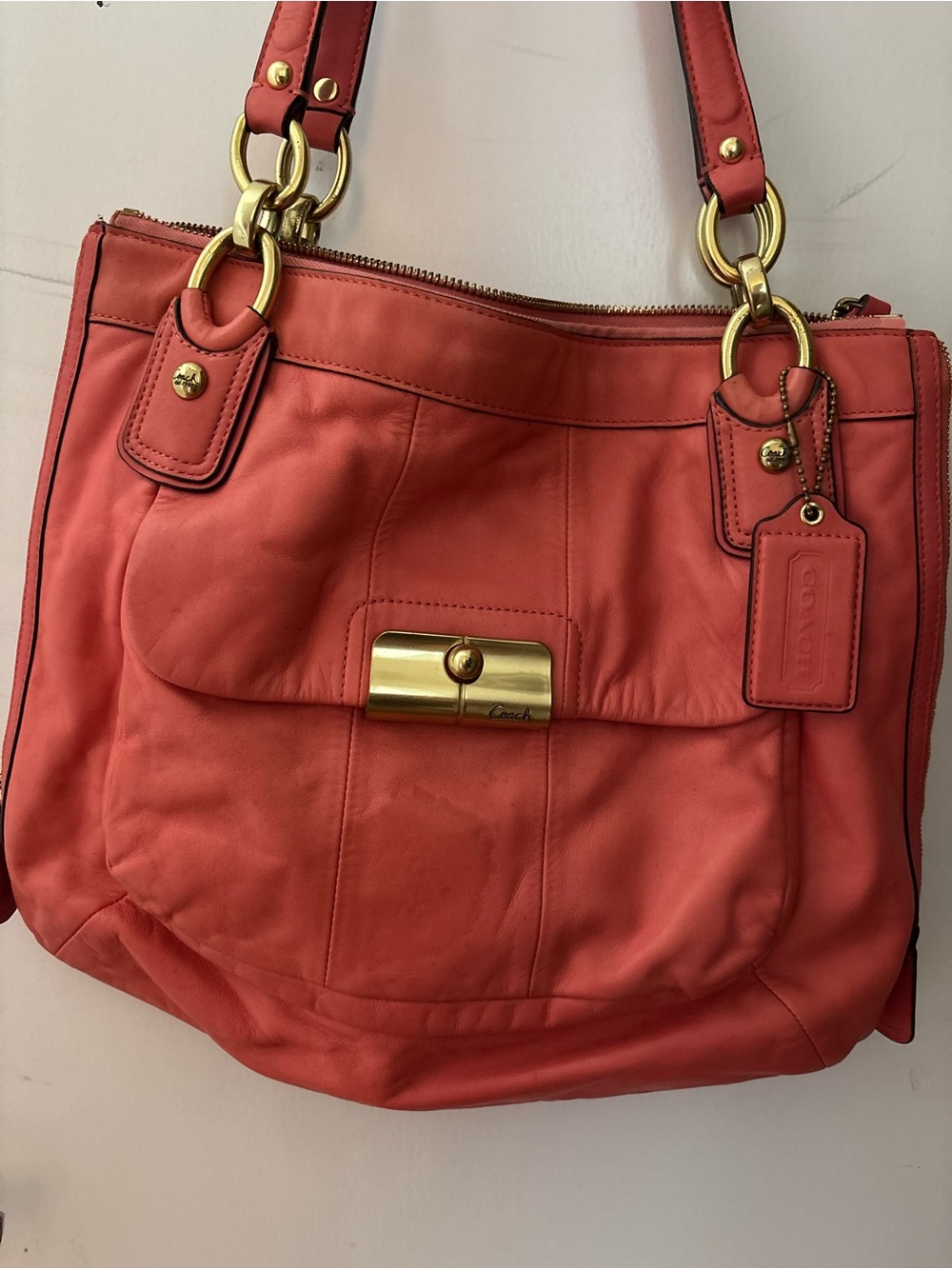 Coach Coral-Red Leather Shoulder Bag with Gold Hardware